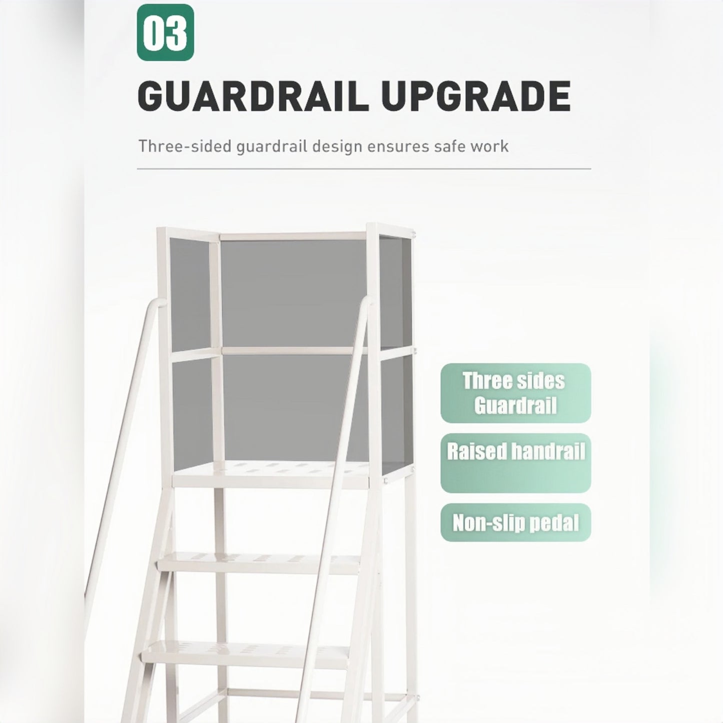 Steel 7 Step Mobile Safety Ladder With Wheels - Light Grey