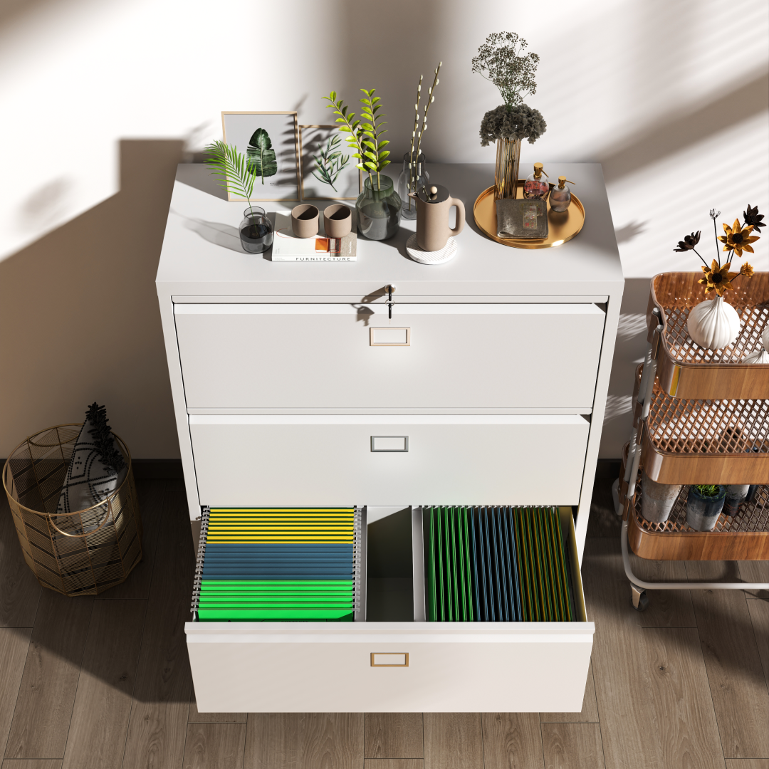 Steel Lateral 3 Drawer Filing Cabinet Cupboard Locker Swan Handle With Card Slots - White