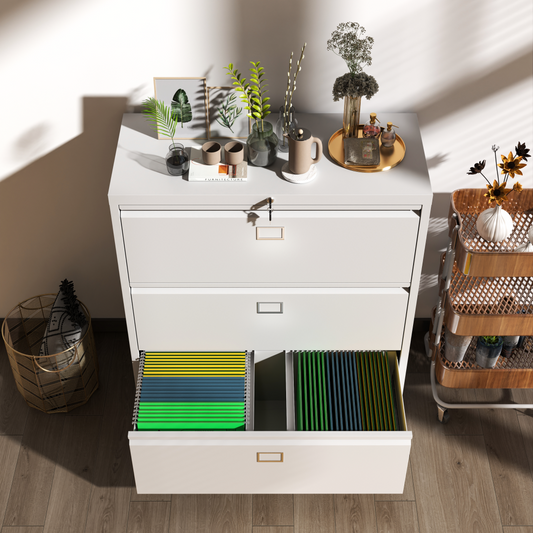 Steel Lateral 3 Drawer Filing Cabinet Cupboard Locker Swan Handle With Card Slots - White