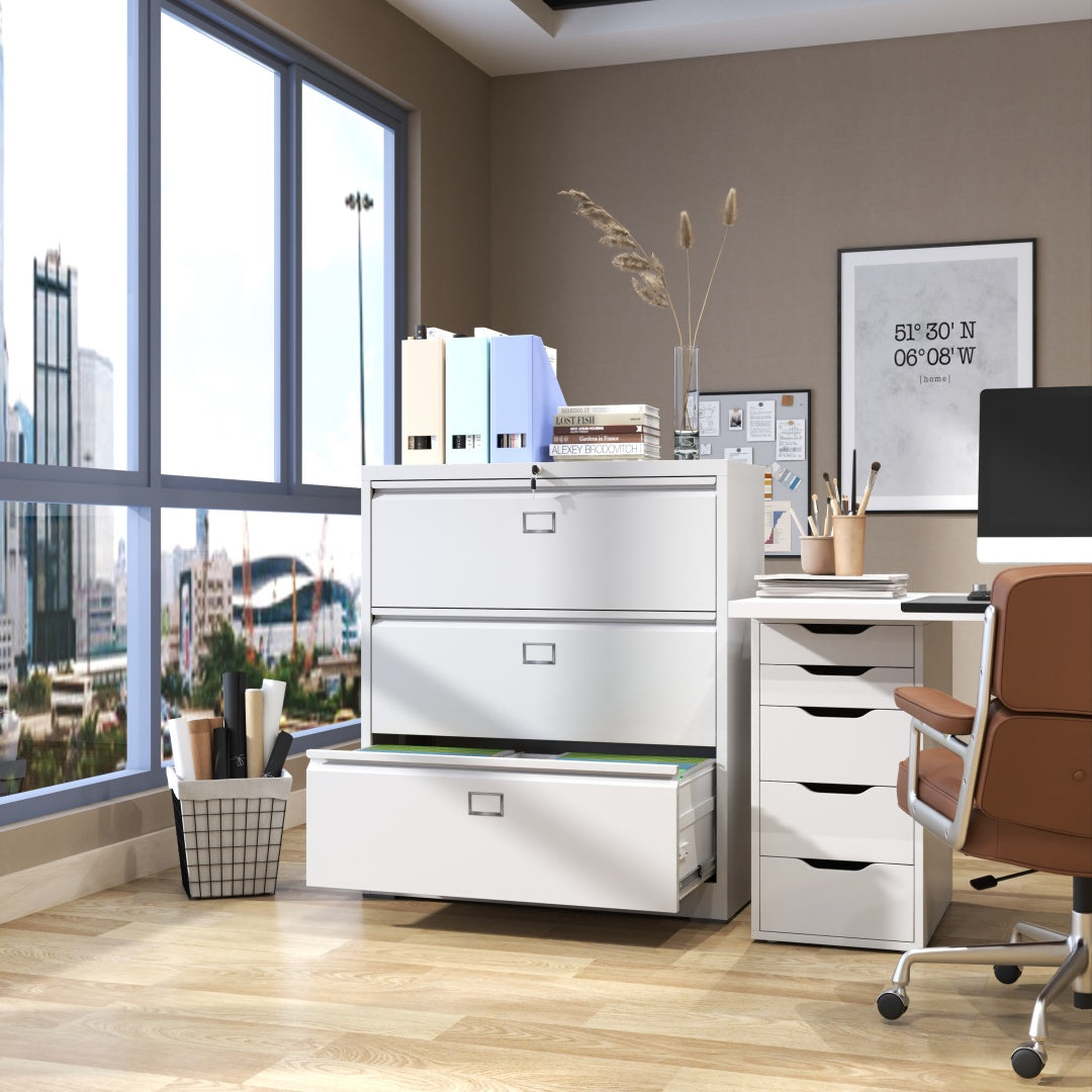 Steel Lateral 3 Drawer Filing Cabinet Cupboard Locker Swan Handle With Card Slots