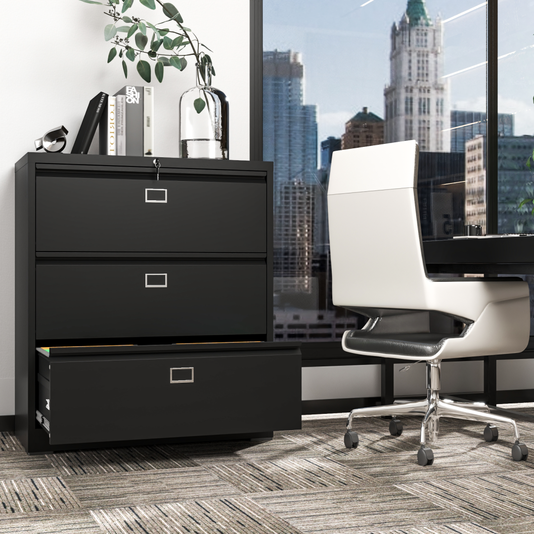 Steel Lateral 3 Drawer Filing Cabinet Cupboard Locker Swan Handle With Card Slots - Black