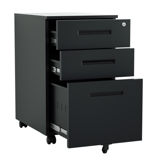Steel 3 Drawer Pedestal Mobile Filing Cabinets Inner Handle With Lock - Black