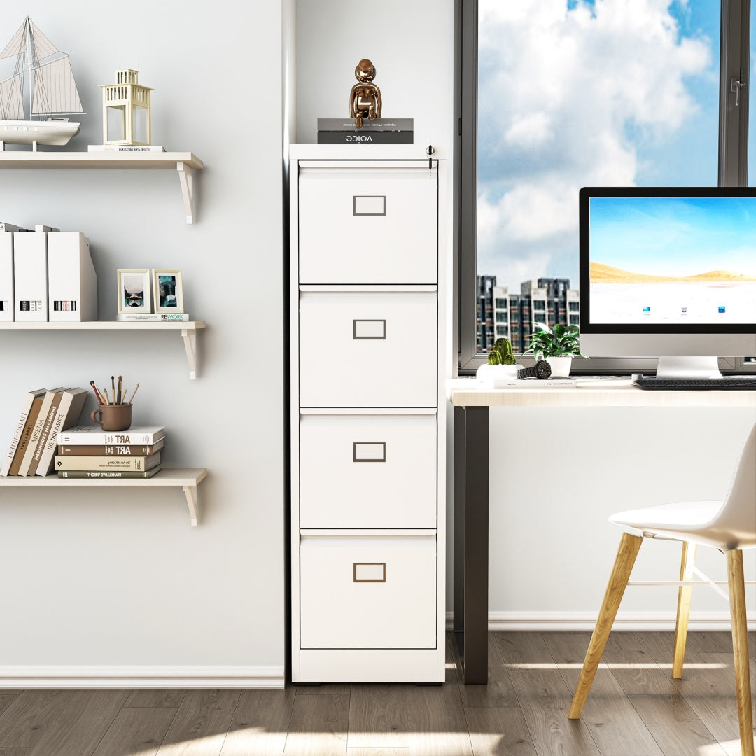 Steel Vertical 4 Drawer Filing Cabinet Cupboard Locker Swan Handle With Card Slots - White