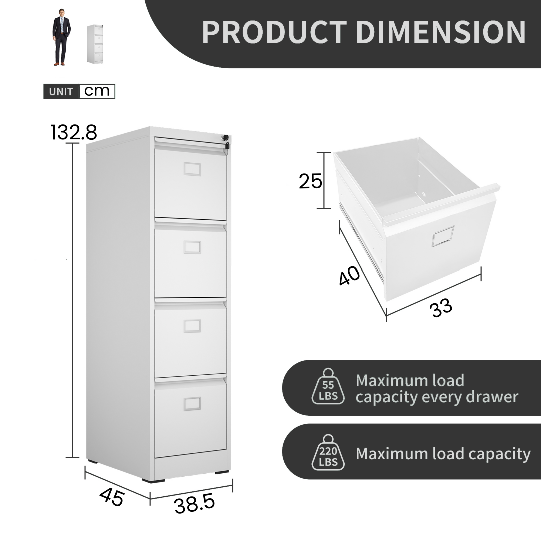 Steel Vertical 4 Drawer Filing Cabinet Cupboard Locker Swan Handle With Card Slots - White