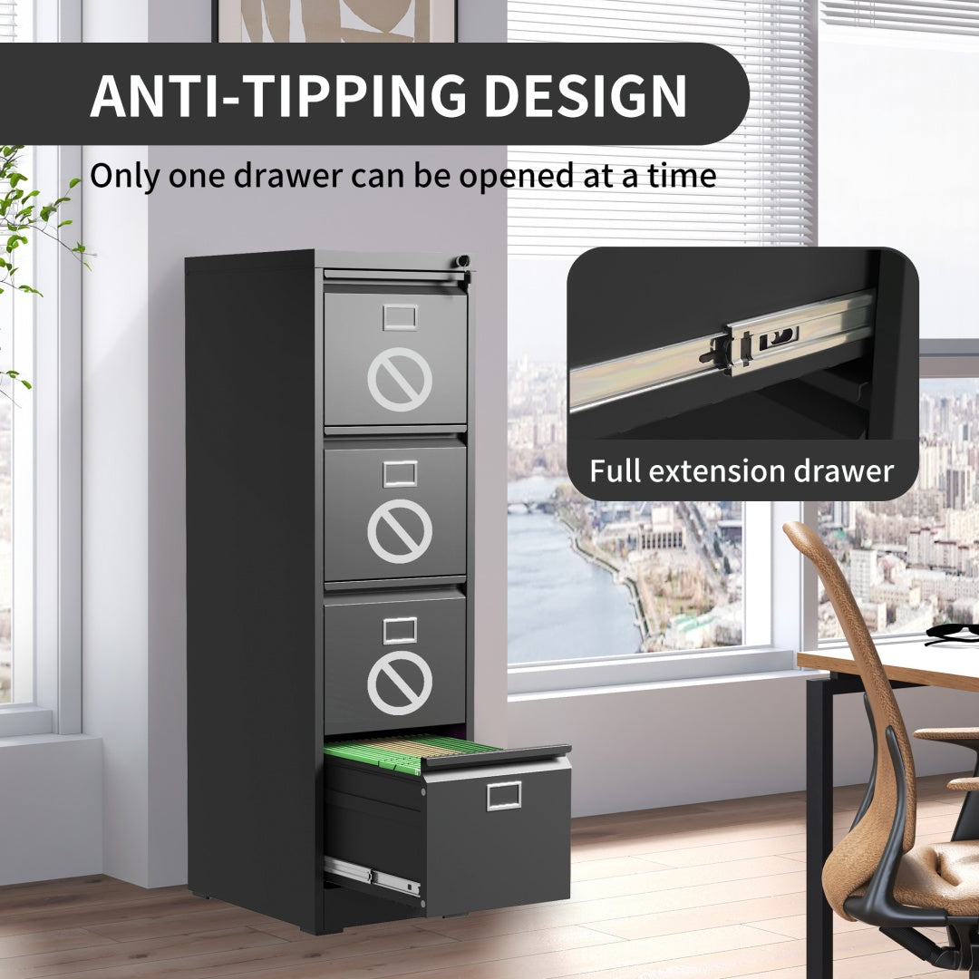 Steel Vertical 4 Drawer Filing Cabinet Cupboard Locker Swan Handle With Card Slots - Black