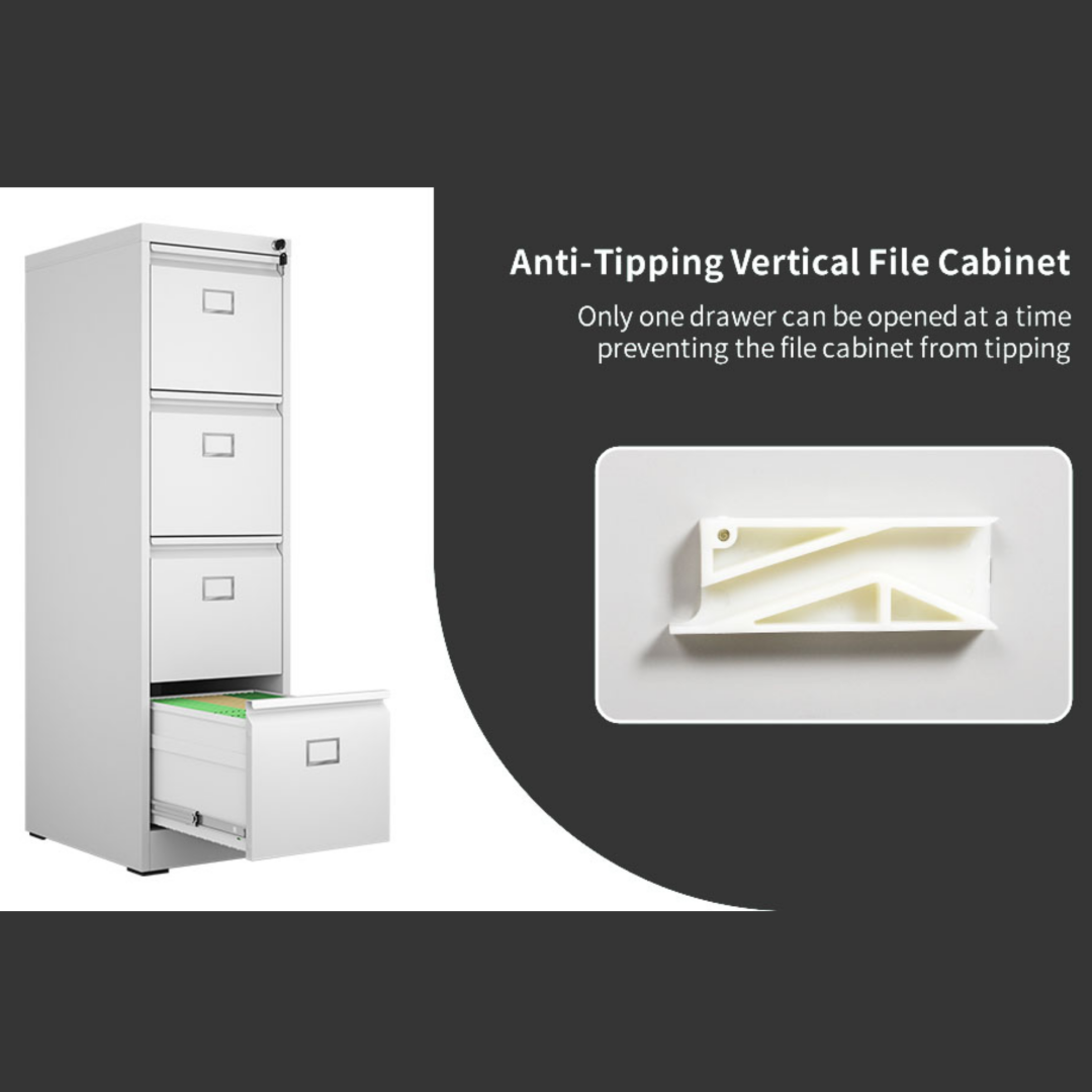 Steel Vertical 4 Drawer Filing Cabinet Cupboard Locker Swan Handle With Card Slots - White