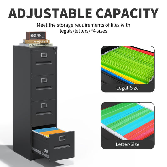 Steel Vertical 4 Drawer Filing Cabinet Cupboard Locker Inner Handle With Card Slots - Black