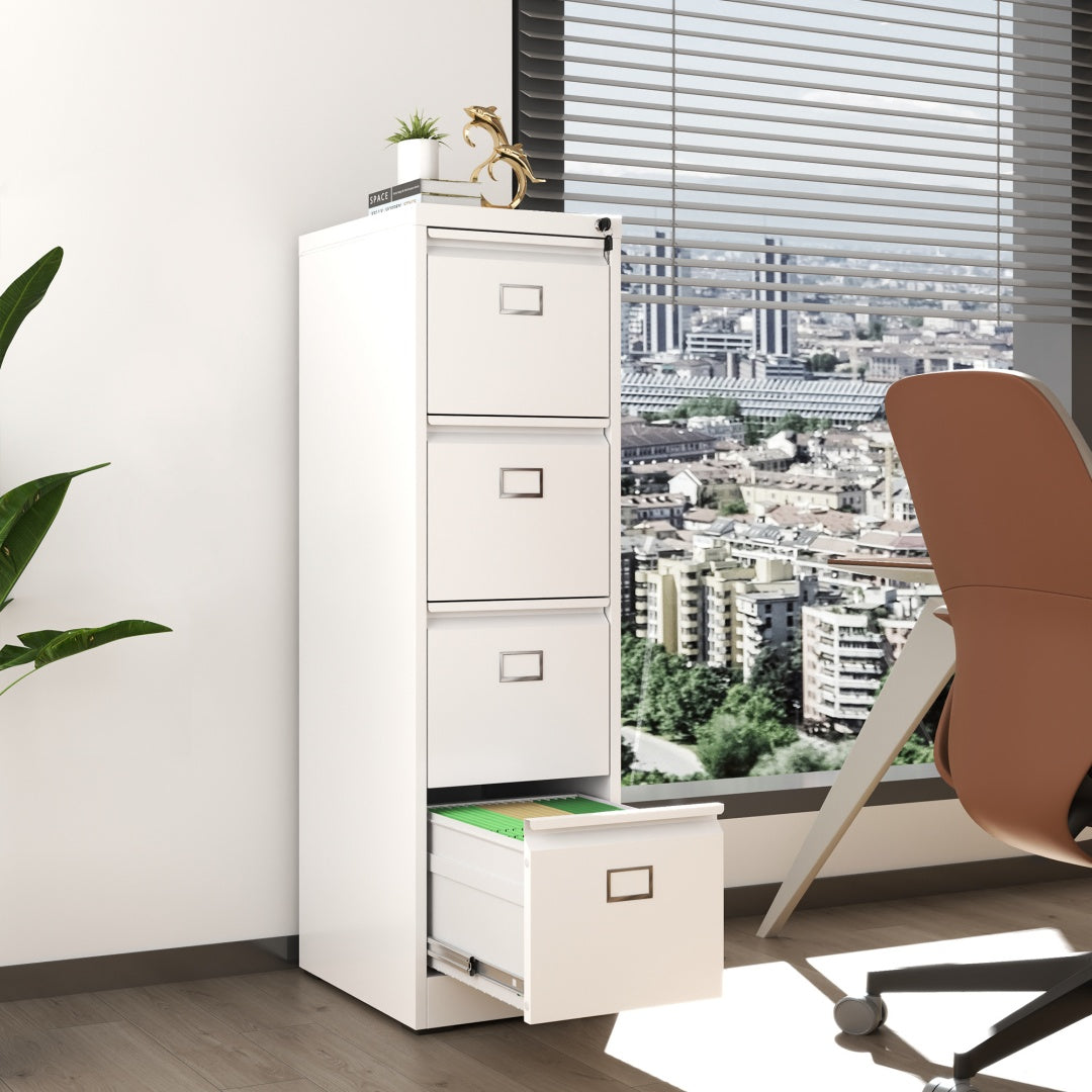 Steel Vertical 4 Drawer Filing Cabinet Cupboard Locker Swan Handle With Card Slots - White