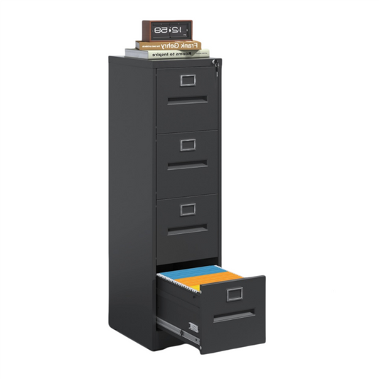 Steel Vertical 4 Drawer Filing Cabinet Cupboard Locker Inner Handle With Card Slots - Black