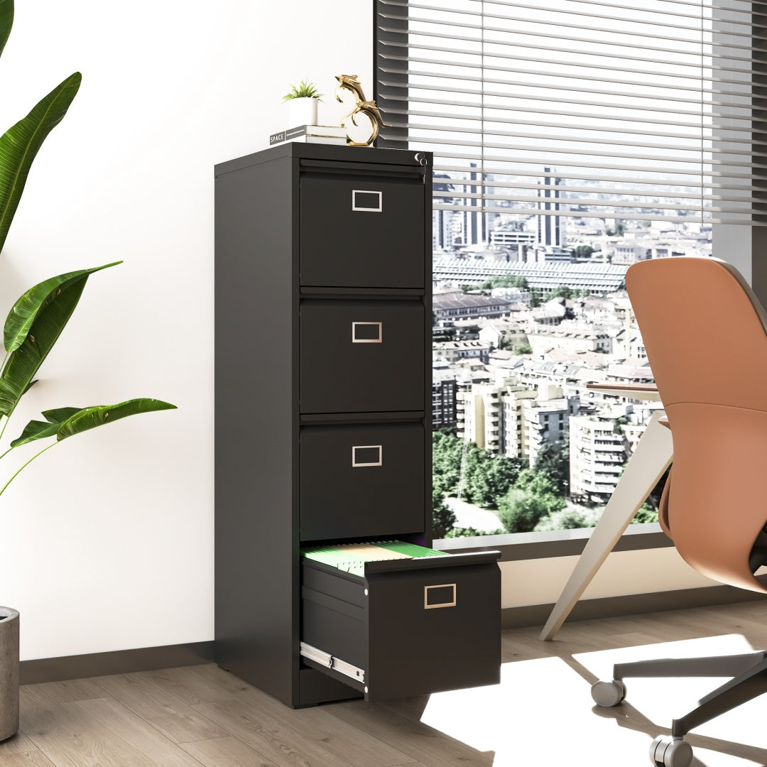 Steel Vertical 4 Drawer Filing Cabinet Cupboard Locker Swan Handle With Card Slots - Black