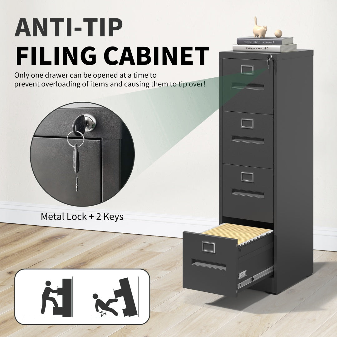 Steel Big Size Vertical 4 Drawer Filing Cabinet Cupboard Locker Inner Handle With Card Slots - Black