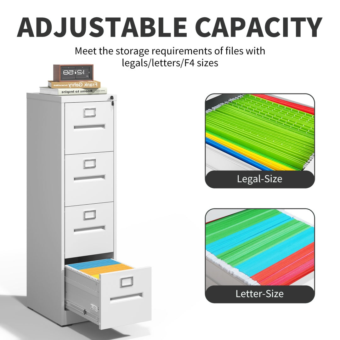 Steel Vertical 4 Drawer Filing Cabinet Cupboard Locker Inner Handle Card Slots