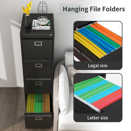 Steel Vertical 4 Drawer Filing Cabinet Cupboard Locker Swan Handle With Card Slots - Black