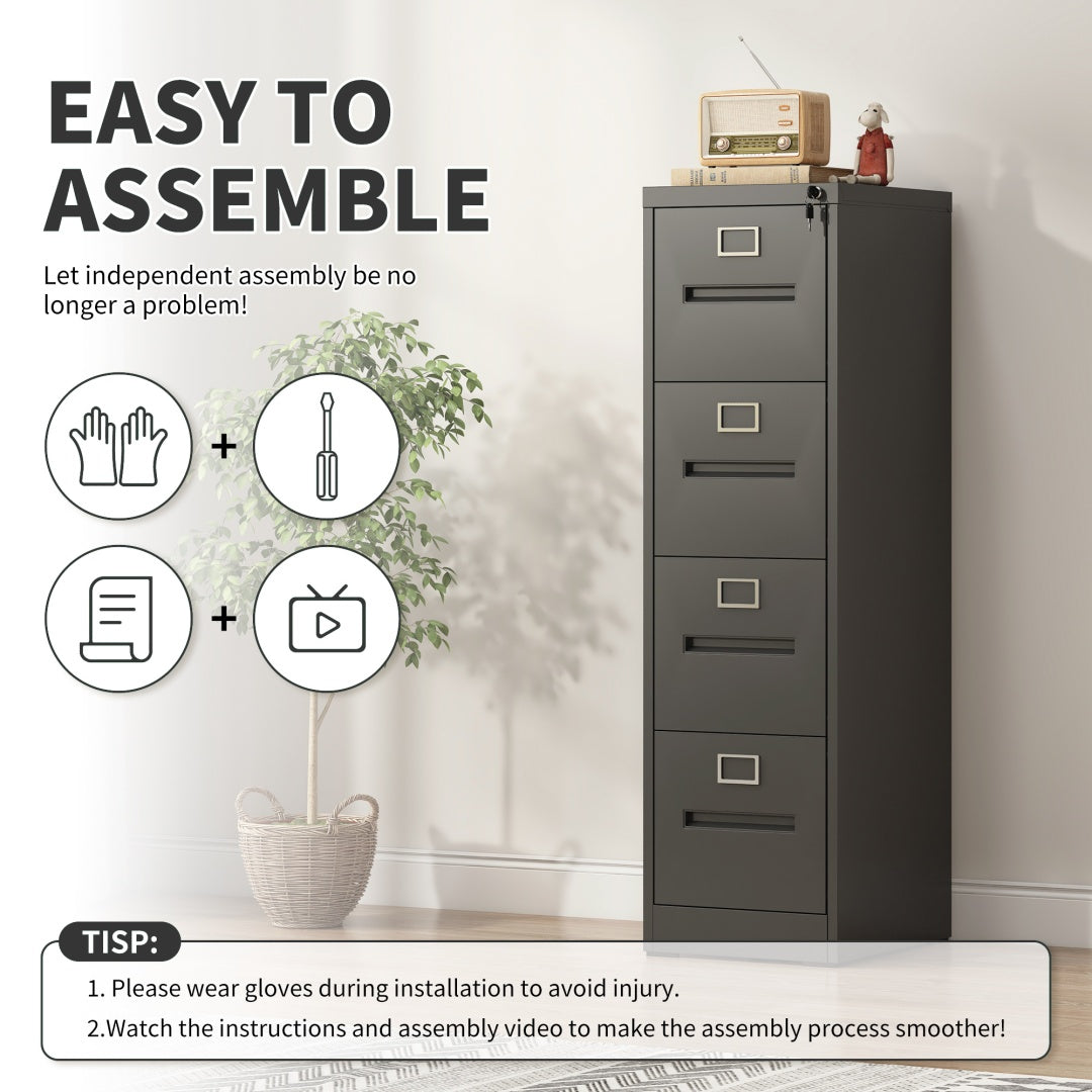 Steel Vertical 4 Drawer Filing Cabinet Cupboard Locker Inner Handle With Card Slots - Black