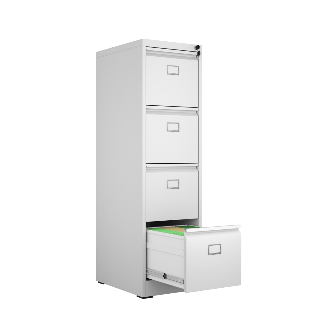 Steel Vertical 4 Drawer Filing Cabinet Cupboard Locker Swan Handle With Card Slots - White