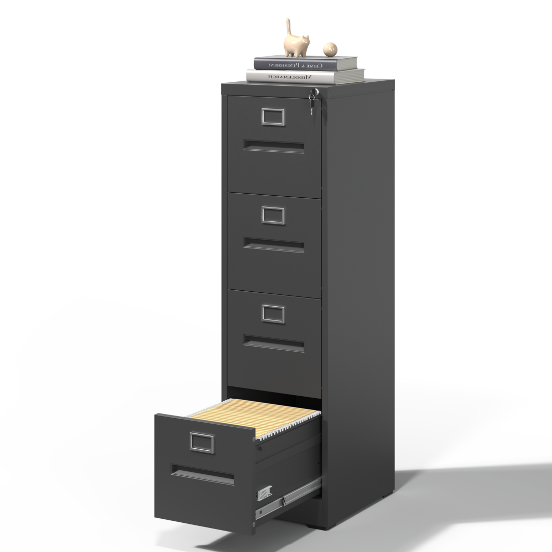 Steel Big Size Vertical 4 Drawer Filing Cabinet Cupboard Locker Inner Handle With Card Slots - Black