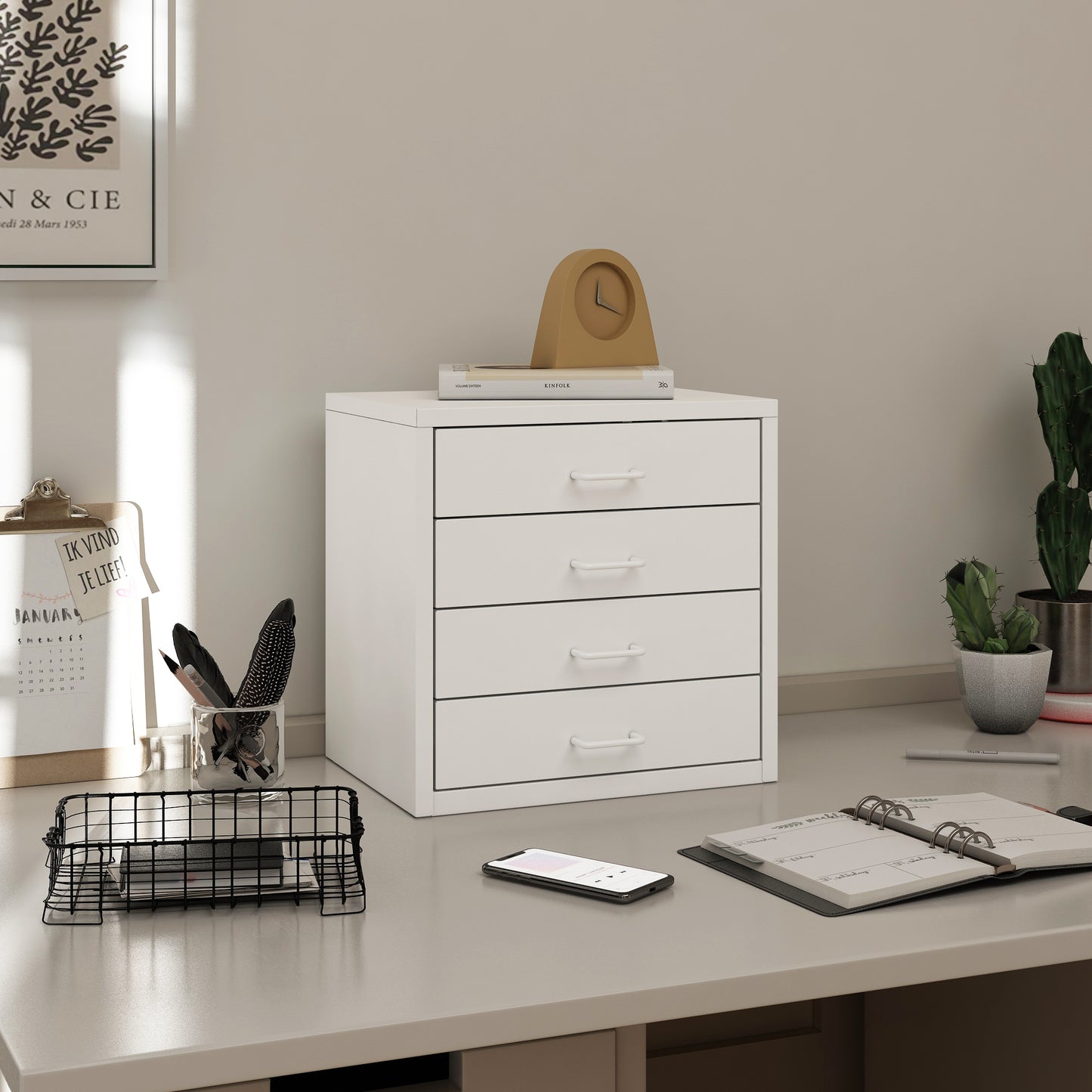 Steel Desk Organizer 4 Drawer Desktop Storage Cabinet - White