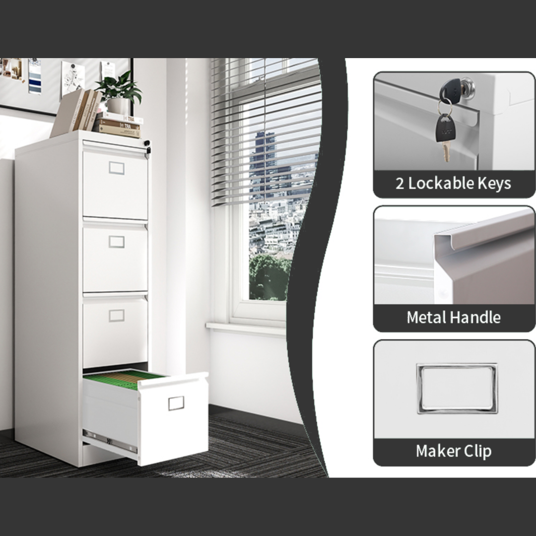 Steel Vertical 4 Drawer Filing Cabinet Cupboard Locker Swan Handle With Card Slots - White