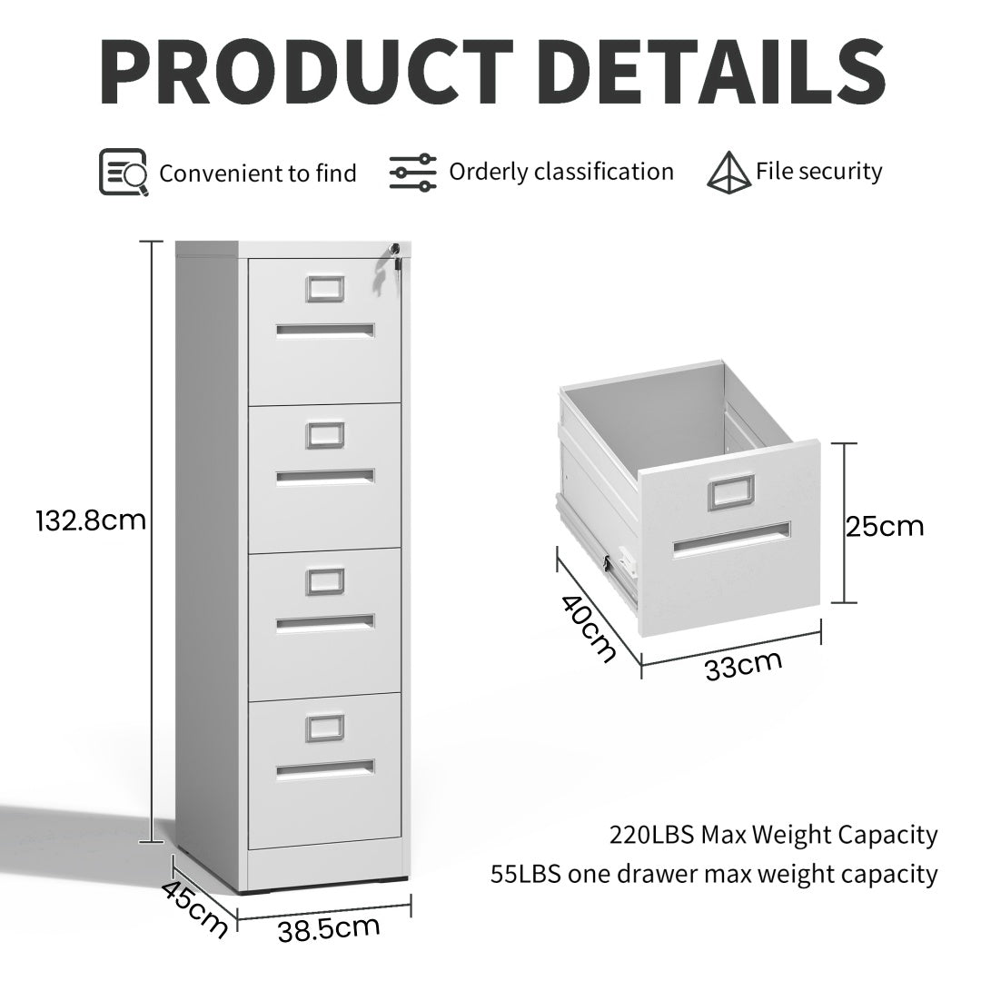 Steel Vertical 4 Drawer Filing Cabinet Cupboard Locker Inner Handle Card Slots