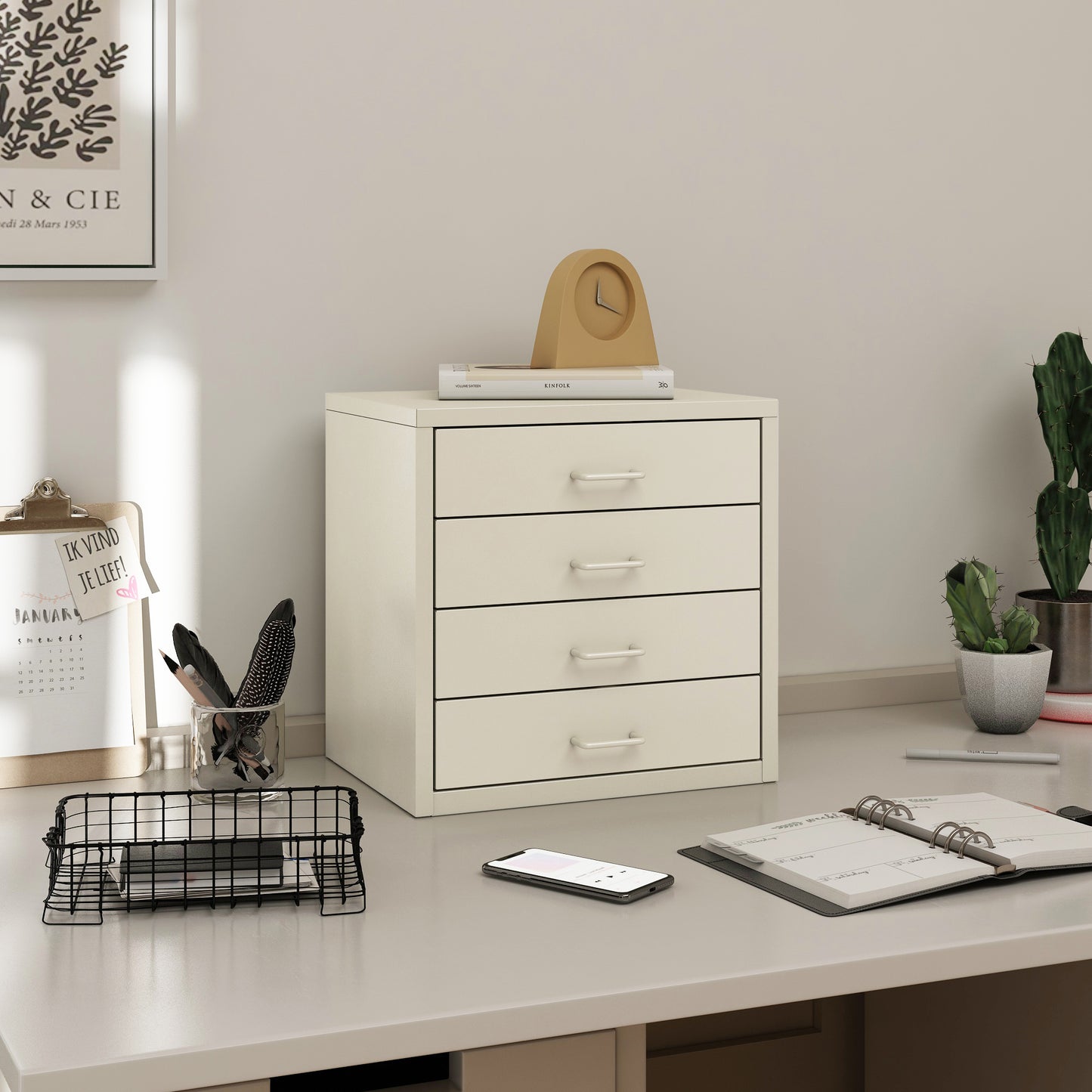 Steel Desk Organizer 4 Drawer Desktop Storage Cabinet - Beige