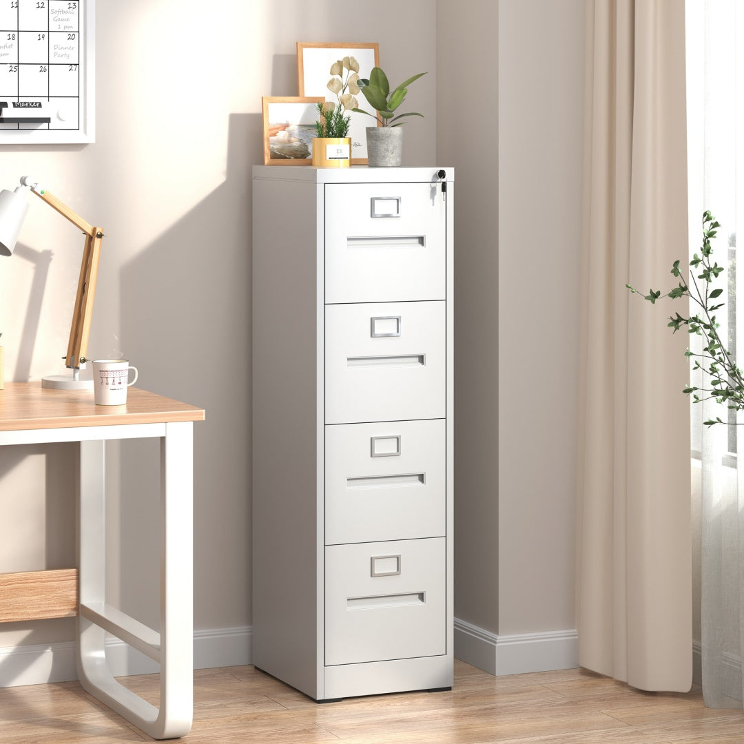 Steel Vertical 4 Drawer Filing Cabinet Cupboard Locker Inner Handle With Card Slots - White