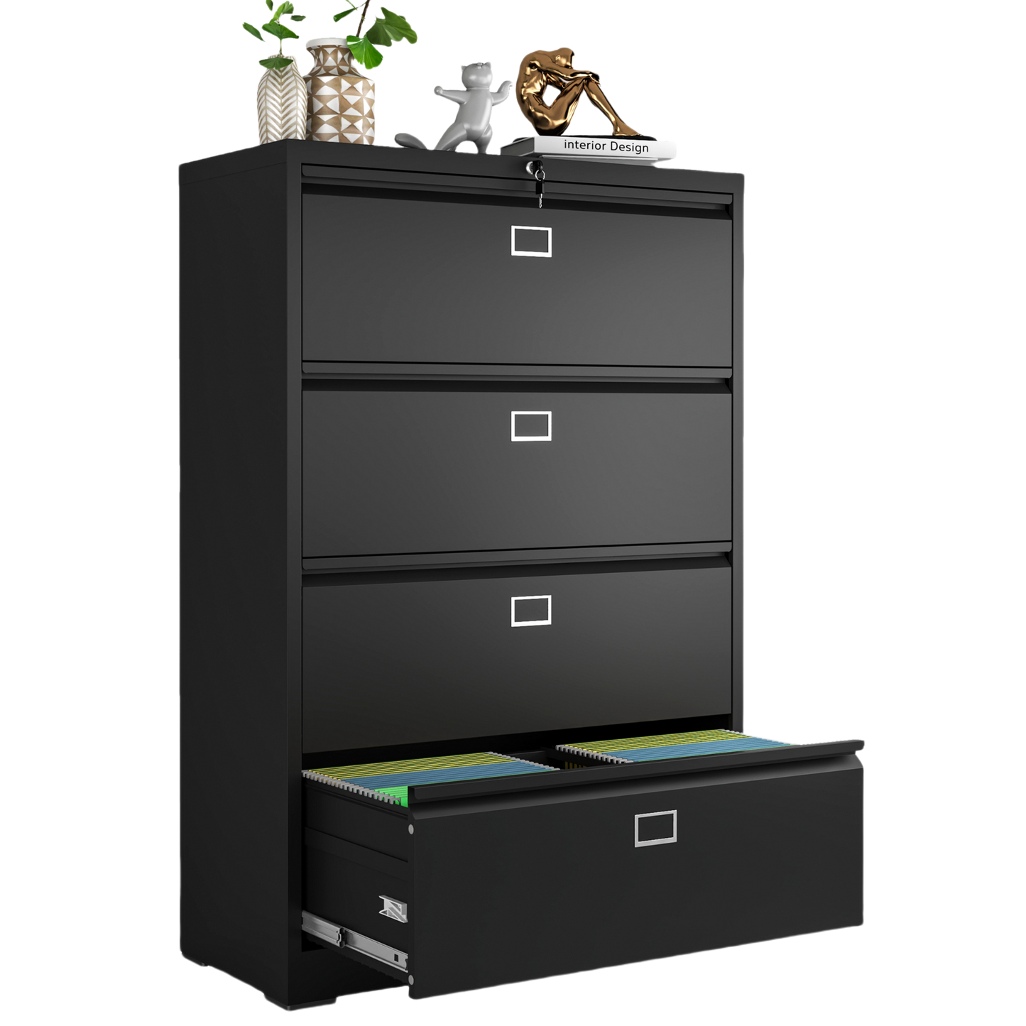 Steel Lateral 4 Drawer Filing Cabinet Cupboard Locker Swan Handle With Card Slots - Black
