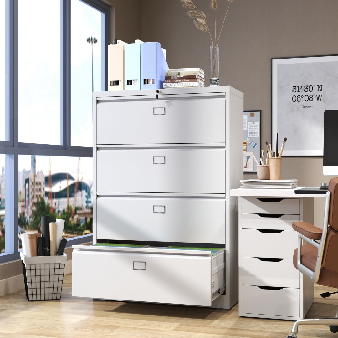 Steel Lateral 4 Drawer Filing Cabinet Cupboard Locker Swan Handle With Card Slots - White