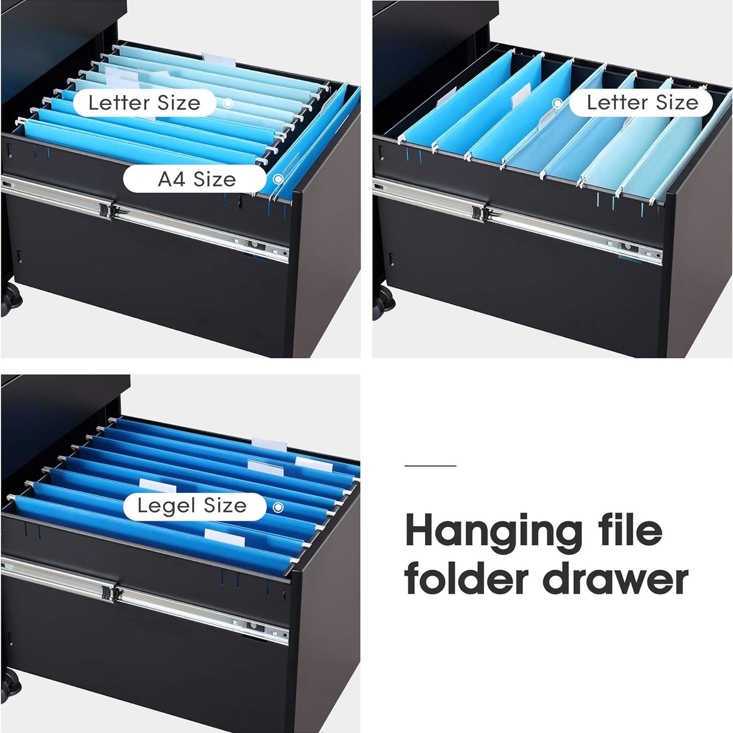 Steel 3 Drawer Pedestal Mobile Filing Cabinets Side Handle With Lock - Black
