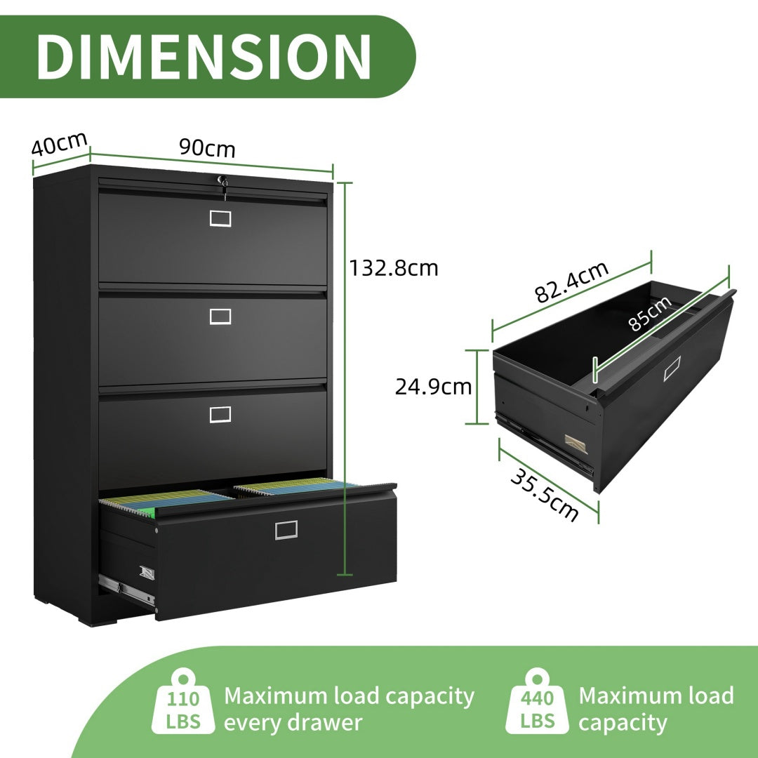 Steel Lateral 4 Drawer Filing Cabinet Cupboard Locker Swan Handle With Card Slots - Black