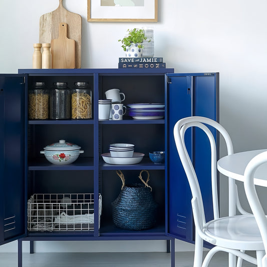 Steel Swing Door Sideboard Midi Locker Storage Cabinet Cupboard - Navy Blue