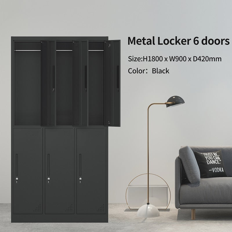 Steel 6 Door Locker Cupboard Storage Cabinet Inner Handle With Lock - Black