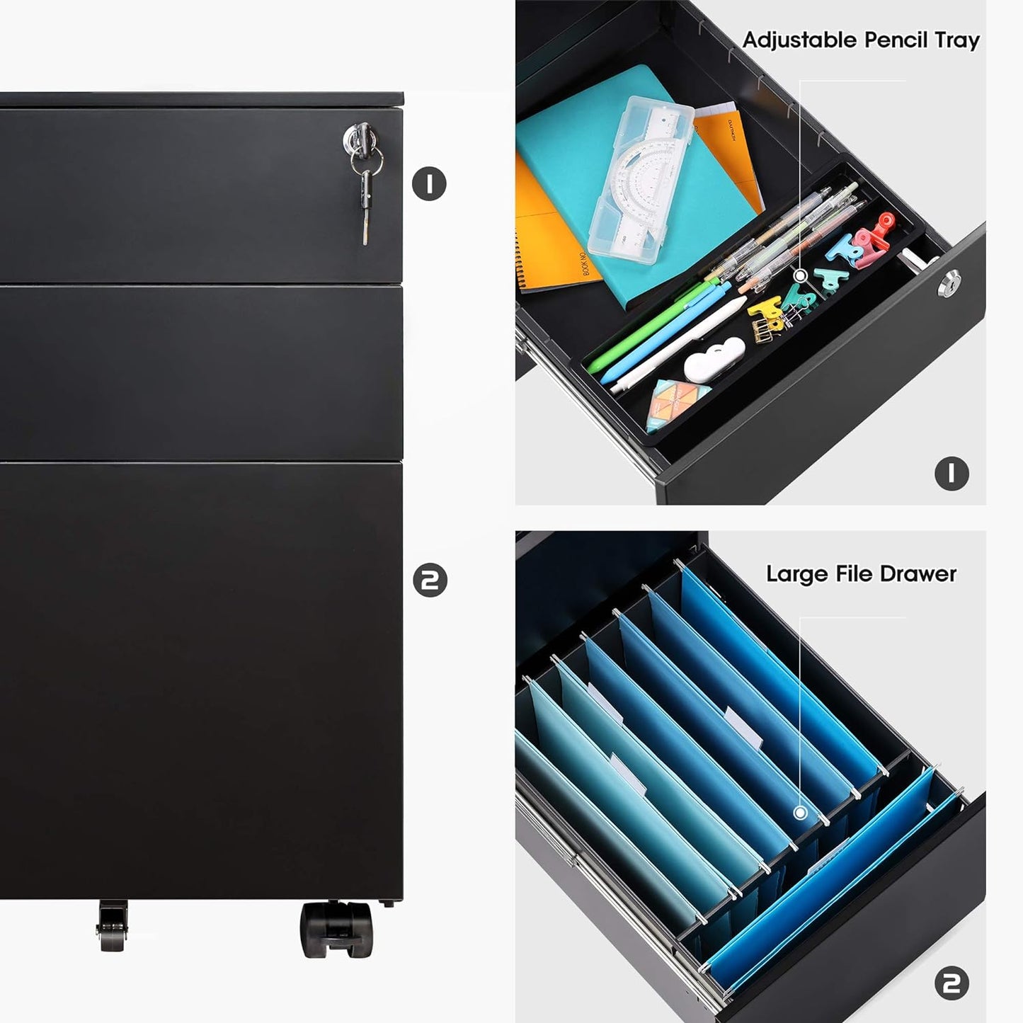 Steel 3 Drawer Pedestal Mobile Filing Cabinets Side Handle With Lock - Black
