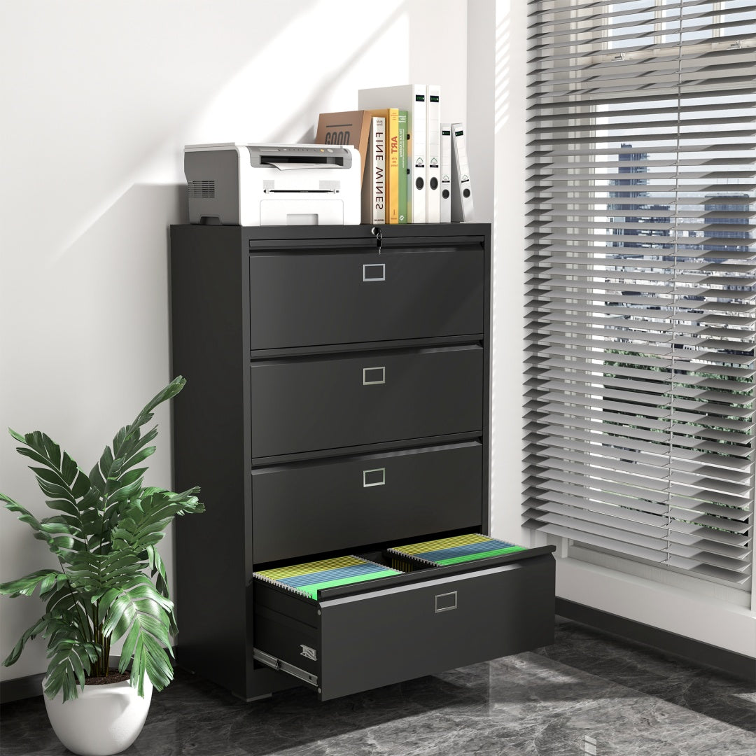 Steel Lateral 4 Drawer Filing Cabinet Cupboard Locker Swan Handle With Card Slots - Black
