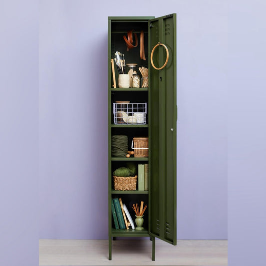 Steel Single Door Wardrobe Skinny Locker Storage Cabinet Cupboard - Olive Green