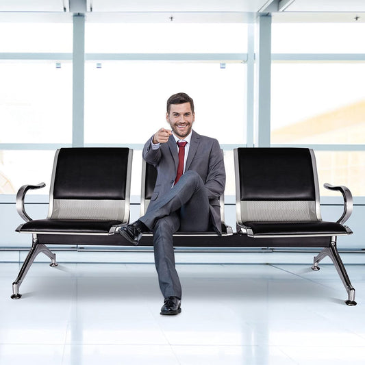 Steel Chrome Upholstered 3 Seater Waiting Area Reception Chairs - Black