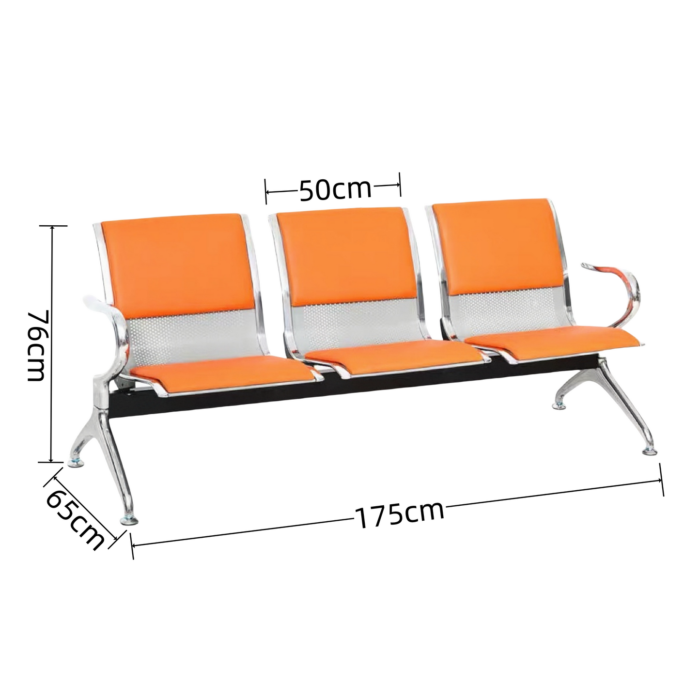 Steel Chrome Upholstered 3 Seater Waiting Area Reception Chairs - Orange