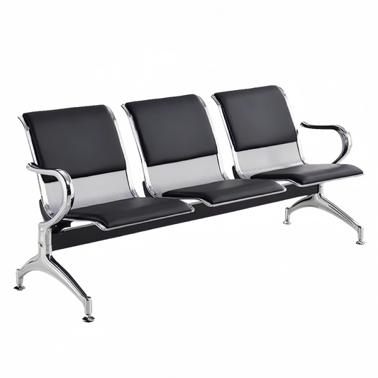 Steel Chrome Upholstered 3 Seater Waiting Area Reception Chairs - Black