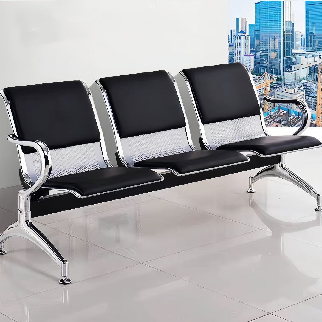 Steel Chrome Upholstered 3 Seater Waiting Area Reception Chairs - Black