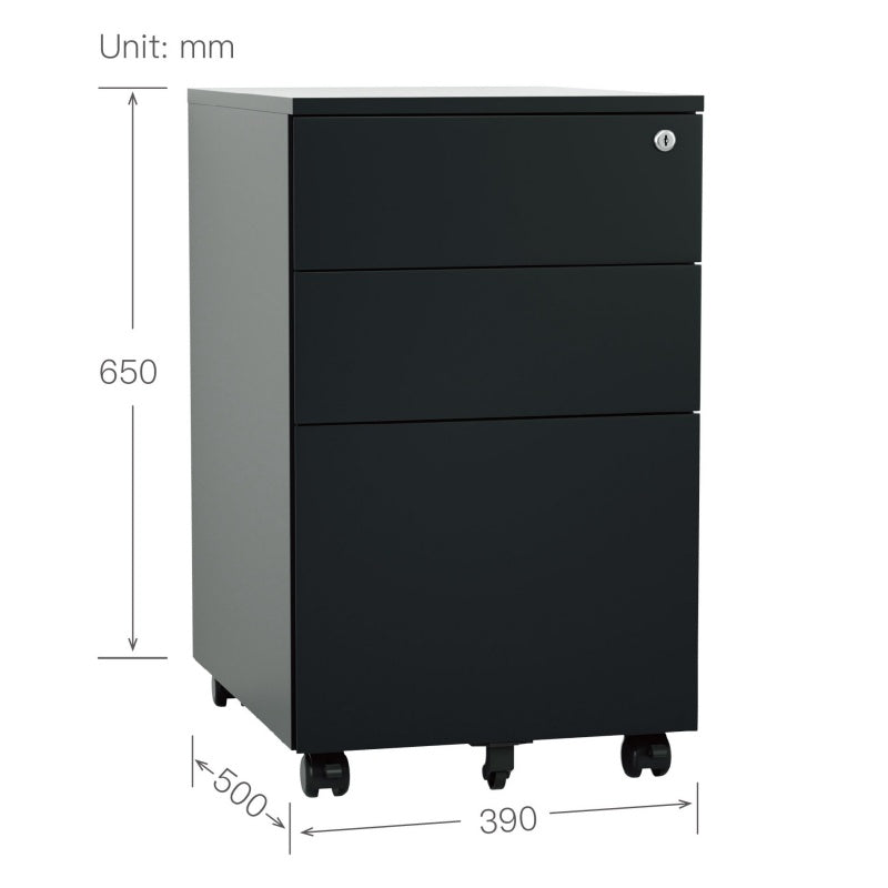 Steel 3 Drawer Pedestal Mobile Filing Cabinets Side Handle With Lock - Black