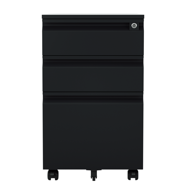 Steel 3 Drawer Swan Handle Mobile Pedestal Filing Cabinet Locker - Black