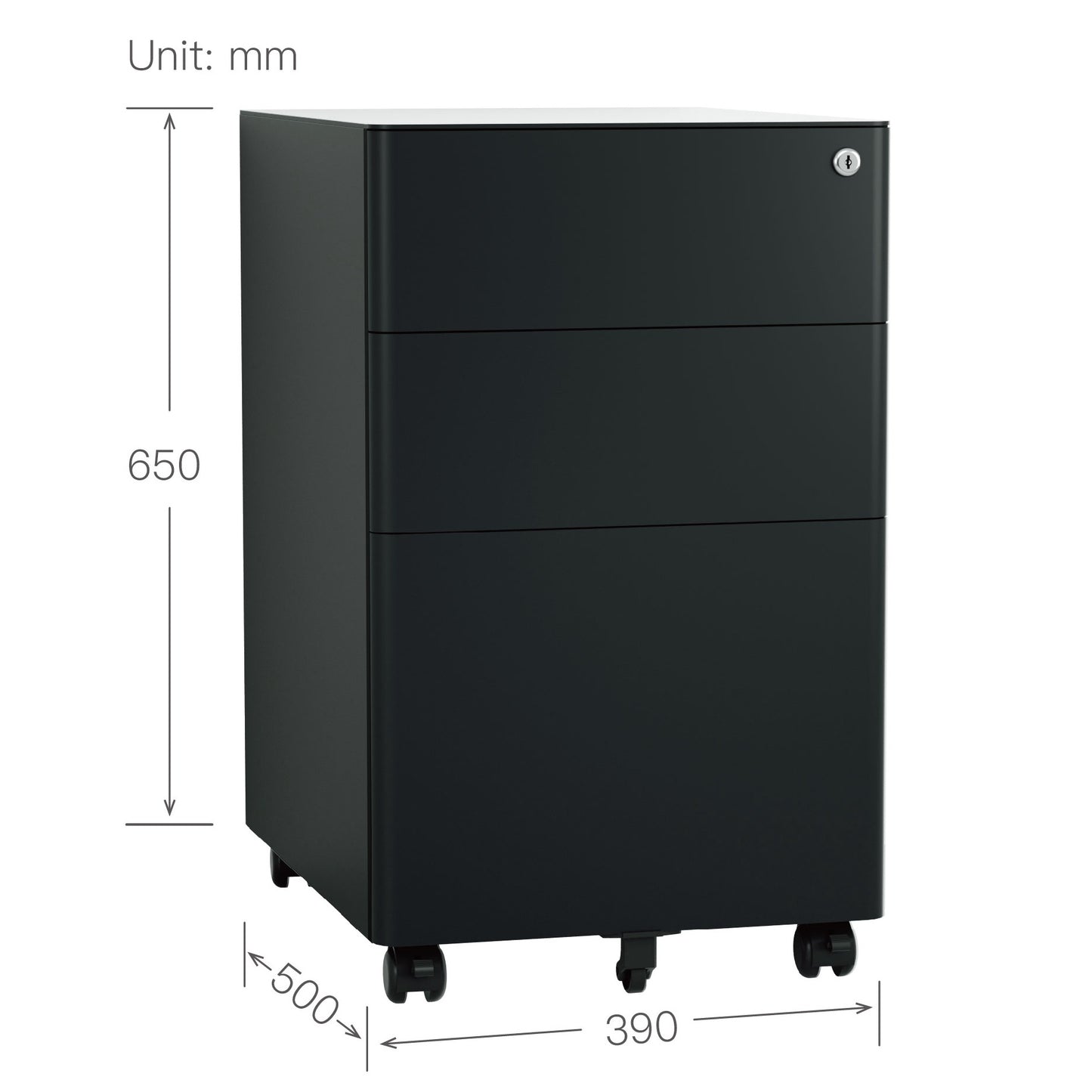 Steel 3 Drawer Pedestal Mobile Filing Cabinets Arc Handle With Lock - Black