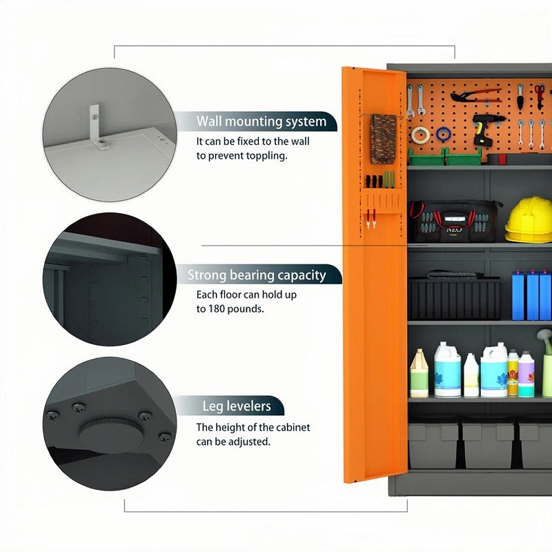 Steel Swing Door Inner Handle Tool Storage Cabinet Cupboard Locker - Slate Grey and Orange