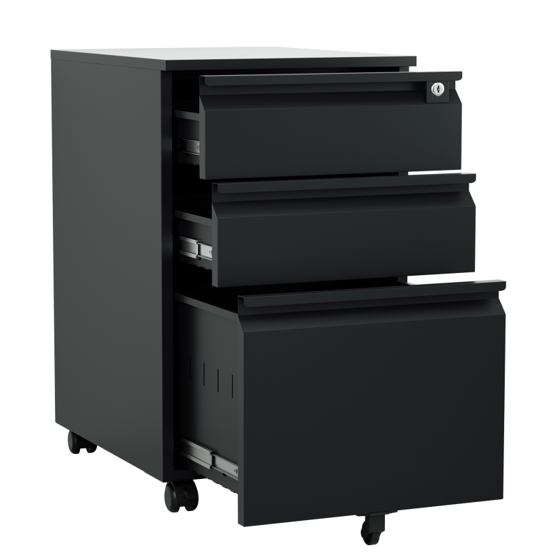 Steel 3 Drawer Pedestal Mobile Filing Cabinets Swan Handle With Lock - Black