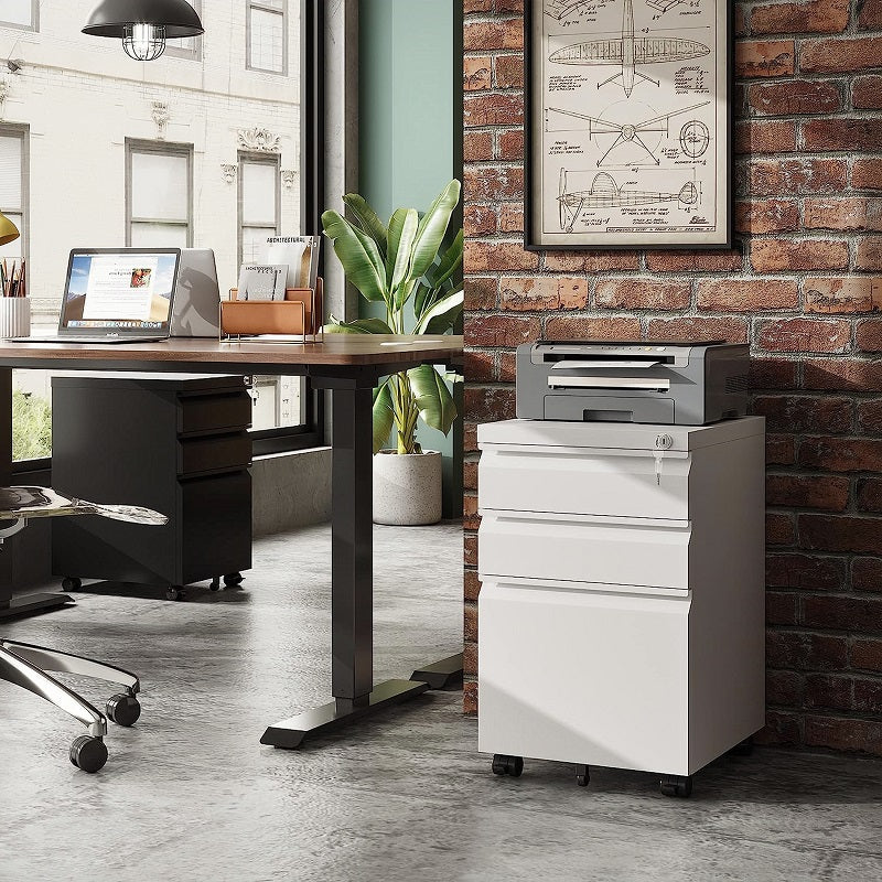 Steel 3 Drawer Pedestal Mobile Filing Cabinets Swan Handle With Lock - White