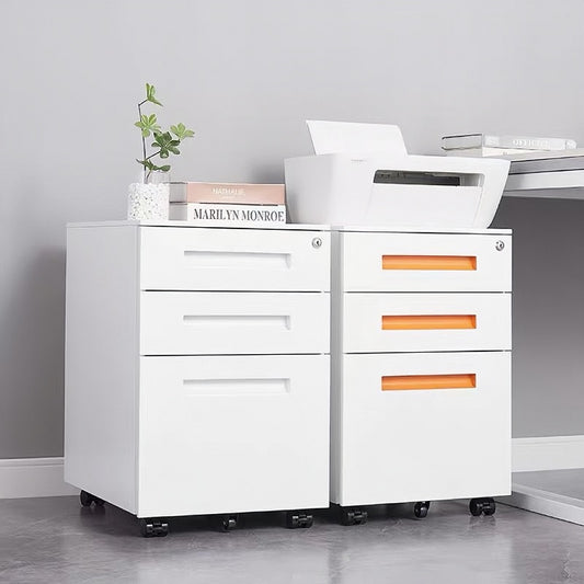 Steel 3 Drawer Pedestal Mobile Filing Cabinets Inner Handle With Lock  - White