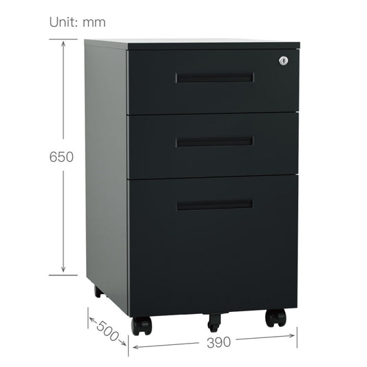 Steel 3 Drawer Pedestal Mobile Filing Cabinets Inner Handle With Lock - Black