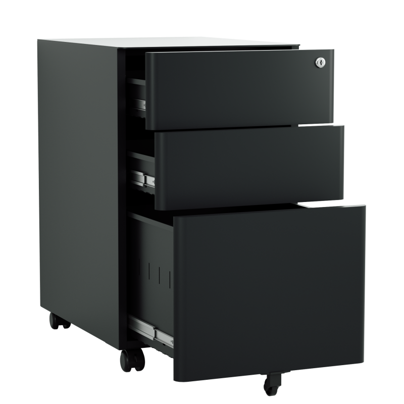 Steel 3 Drawer Pedestal Mobile Filing Cabinets Arc Handle With Lock - Black