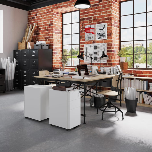 Steel 3 Drawer Pedestal Mobile Filing Cabinets Arc Handle With Lock - Light Grey