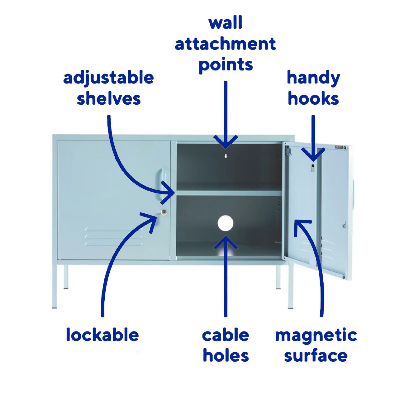 Steel Swing Door TV Stand Locker Lowdown Storage Cabinet Cupboard - Ocean Blue