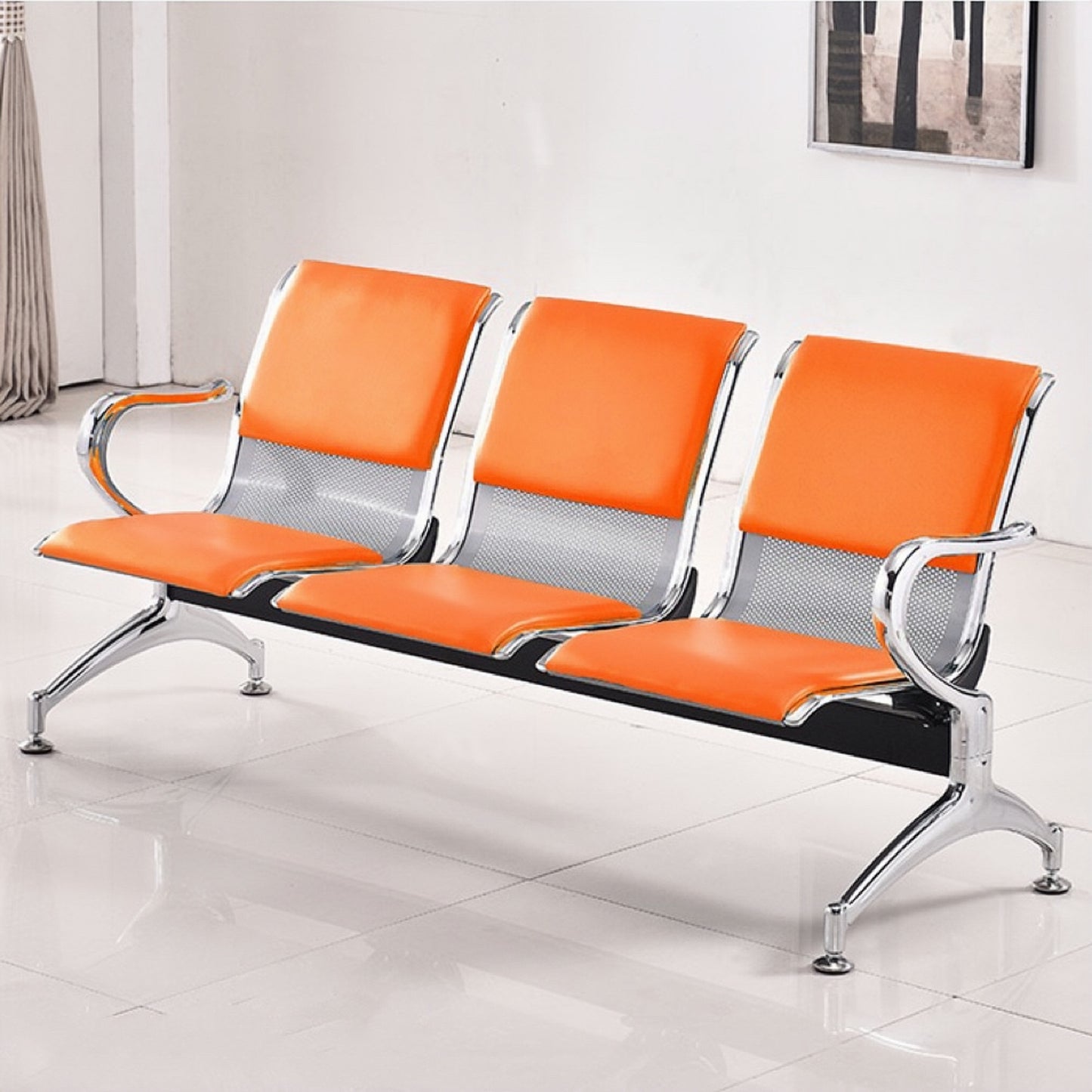 Steel Chrome Upholstered 3 Seater Waiting Area Reception Chairs - Orange